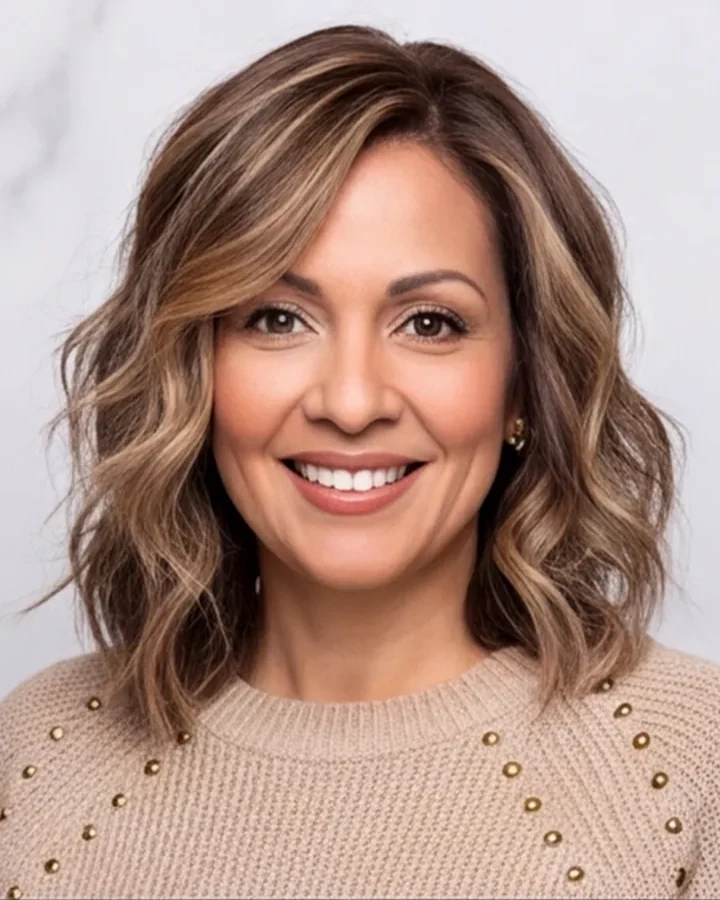 Shoulder-length highlighted hairstyle