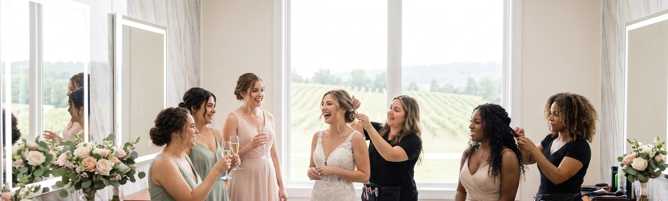 American bride with her bridal party preparing together